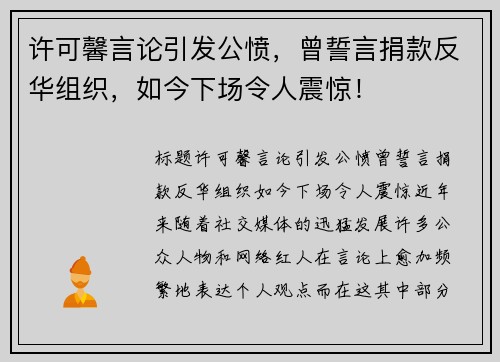 许可馨言论引发公愤，曾誓言捐款反华组织，如今下场令人震惊！